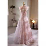 Modest A line Straps Tulle Long Pink Prom Dress HZ1024