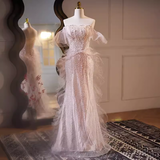 Luxury Mermaid Strapless Tulle Pearls Long Pink Prom Dress HZ1024