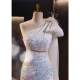 Luxury Mermaid One Shoulder Long Sequin White Prom Dress HZ1024