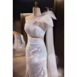 Luxury Mermaid One Shoulder Long Sequin White Prom Dress HZ1024