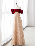 Champagne A-Line velvet Long Red Sequin Prom Dress HZ1024
