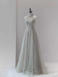 Sparkly A Line High Neckline Silver Sequin Long Prom Dress HZ1024
