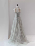 Sparkly A Line High Neckline Silver Sequin Long Prom Dress HZ1024