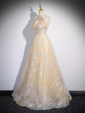 Sparkly A Line High Neckline Champagne Long Prom Dress HZ1024