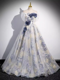 Beautiful A line Strapless Floral Blue Long Prom Dress HZ1024