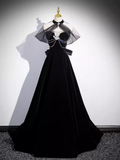 Simple A line High Neckline Velvet Black Long Prom Dress HZ1024