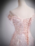 Sparkly A Line Off The Shoulder Pink Long Prom Dress HZ1024