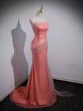 Sparkly Mermaid Strapless Pink Long Prom Dress HZ1024