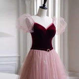 Simple A line Short Sleeves Tulle Long Prom Dress HZ1024