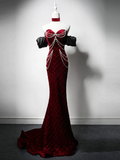 Unique Mermaid Velvet Burgundy Long Prom Dress HZ1024