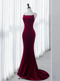 Simple Velvet Mermaid Burgundy Long Prom Dress HZ1024