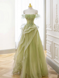 A-Line Off Shoulder Tulle Lace Green Long Prom Dress HZ1024