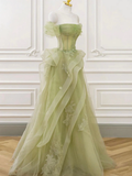 A-Line Off Shoulder Tulle Lace Green Long Prom Dress HZ1024