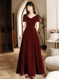 Simple V Neck Velvet Burgundy Long Prom Dress HZ1024