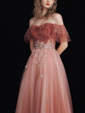 A-Line Tulle Lace Burgundy Long Prom Dress HZ1024