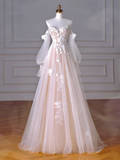 A-Line Long Sleeves Tulle Lace Champagne Long Prom Dress HZ1024