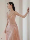 A-Line V Neck Tulle Pink Long Prom Dress HZ1024