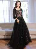 A-Line long sleeves Tulle Lace Black Long Prom Dress HZ1024