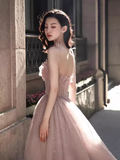 Sexy A line Straps Pink Tulle Long Prom Dress HZ1024