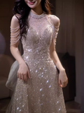 Sexy Mermaid Halter Sequin Champagne Long Prom Dress HZ1024