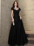 Elegant A line Puffy Sleeves Black Tulle Long Prom Dress HZ1024