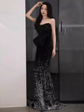 Elegant Mermaid Strapless Black Sequin Long Prom Dress HZ1024