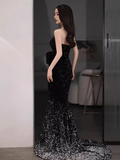 Elegant Mermaid Strapless Black Sequin Long Prom Dress HZ1024