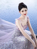 Elegant A line Short Sleeves Long Lilac Prom Dress HZ1024
