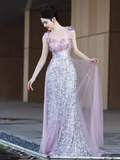Elegant A line Short Sleeves Long Lilac Prom Dress HZ1024
