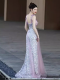 Elegant A line Short Sleeves Long Lilac Prom Dress HZ1024