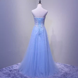 Elegant A line Strapless Sleelves Long Light Sky Blue Prom Dress HZ1024