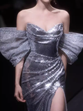 Elegant Mermaid Strapless Long Sequin Silver Prom Dress HZ1024
