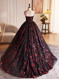 Black and Red Floral Tulle Long Strapless Formal Sweet 16 Dress HZ1024