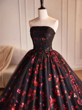 Black and Red Floral Tulle Long Strapless Formal Sweet 16 Dress HZ1024