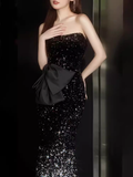 Lovely Mermaid Strapless Black Sequin Long Prom Dress HZ1024