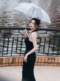 Sexy Mermaid Halter Black Satin Long Prom Dress HZ1024