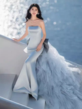 Sexy Mermaid Strapless Blue Satin Long Prom Dress HZ1024