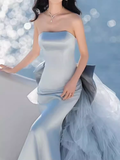 Sexy Mermaid Strapless Blue Satin Long Prom Dress HZ1024