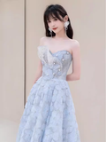 Sexy A line Strapless Blue Lace Long Prom Dress HZ1024