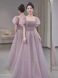 A line Square Neckline Puffy Sleeves Tulle Long Prom Dress HZ1024