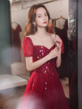 Simple A line Burgundy Sequin Long Prom Dress HZ1024