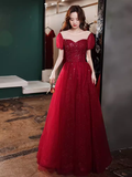 Simple A line Burgundy Sequin Long Prom Dress HZ1024