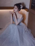 Simple A line Off The Shoulder Tulle Long Prom Dress HZ1024