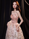 Simple A line Spaghetti Straps Sequin Pink Long Prom Dress HZ1024