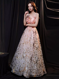 Simple A line Spaghetti Straps Sequin Pink Long Prom Dress HZ1024