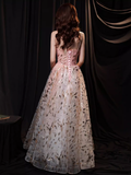 Simple A line Spaghetti Straps Sequin Pink Long Prom Dress HZ1024