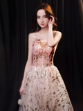 Simple A line Spaghetti Straps Sequin Pink Long Prom Dress HZ1024