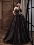 Simple A line Strapless Black Tulle Lace Long Prom Dress HZ1024