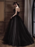 Simple A line Strapless Black Tulle Lace Long Prom Dress HZ1024