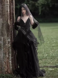 Vintage A line Straps Black Tulle Velvet Long Prom Dress HZ1024